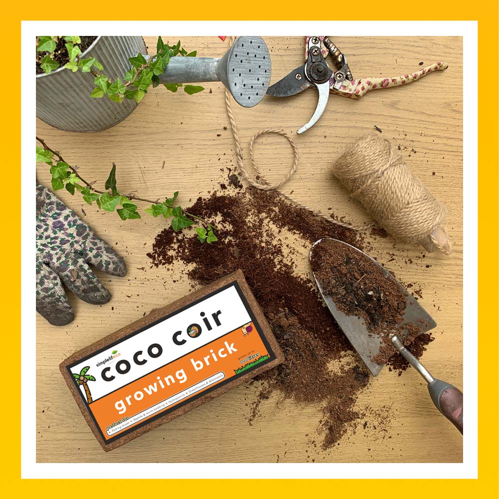 simplelifeco UK coco coir peat free compost blocks. House plant soil growing medium