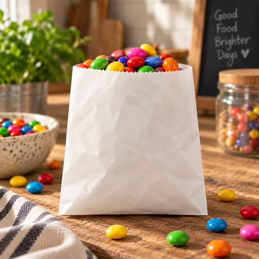 5x5" greaseproof paper sweet bags exploding with smarties on a wooden table
