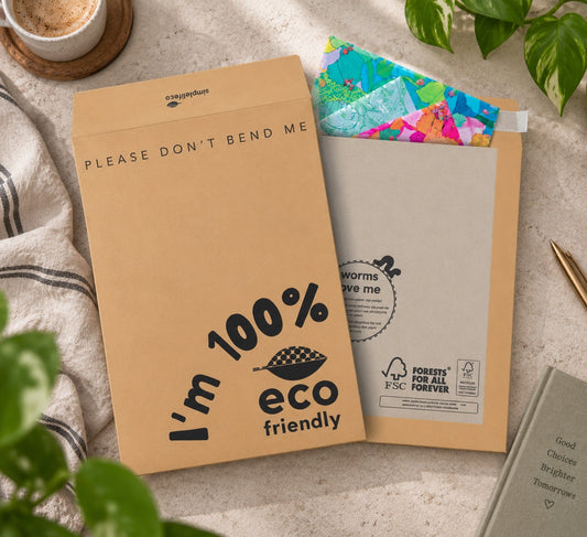 Two board backed envelopes with printed black text, one reading 'PLEASE DON'T BEND ME' and the other 'I'm 100% eco friendly', styled on a light stone surface with a cup of coffee, green leaves, and a striped cloth.