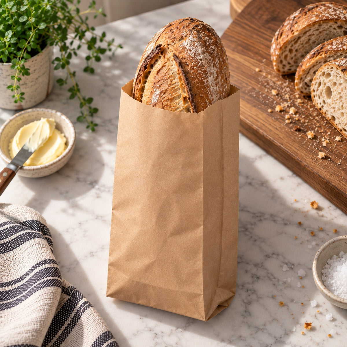 A brown kraft paper bread bag standing upright on a marble countertop, holding a rustic loaf of bread. Sliced bread sits on a wooden cutting board nearby, with butter, salt, and a striped cloth in the scene.