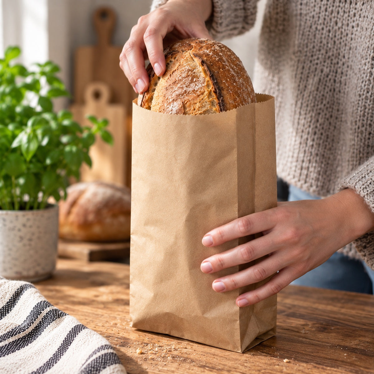 A person's hands holding a rustic round loaf of bread inside a plain brown paper bag on a wooden table, with a potted green plant and another loaf of bread blurred in the background.