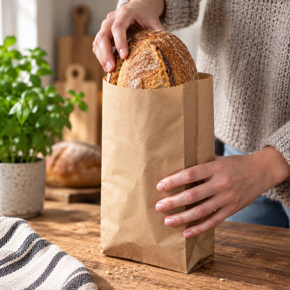 A person's hands holding a rustic round loaf of bread inside a plain brown paper bag on a wooden table, with a potted green plant and another loaf of bread blurred in the background.