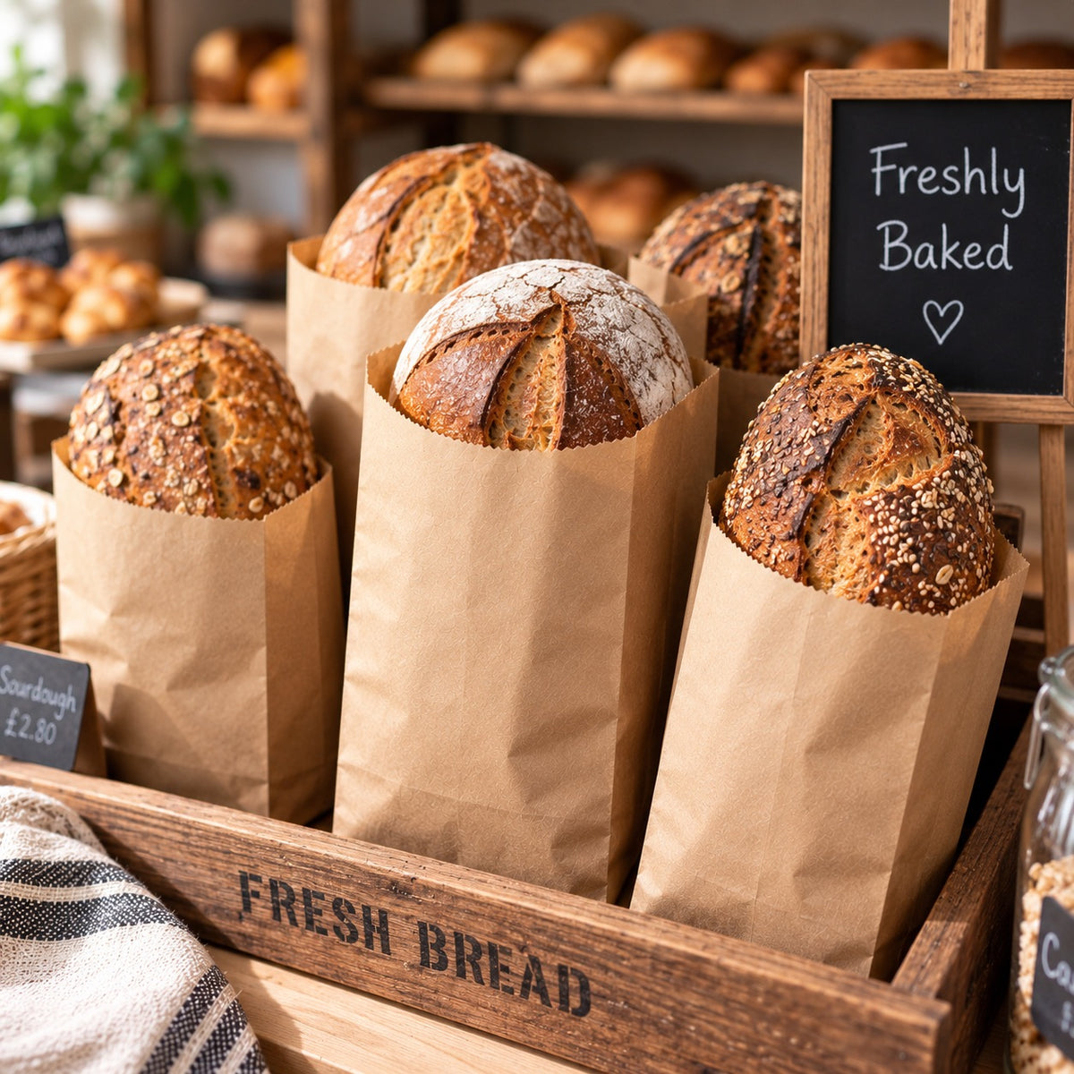 Several rustic round bread loaves in brown paper bags displayed in a wooden bread box on a bakery counter, with a small chalkboard sign reading 'Freshly Baked'.