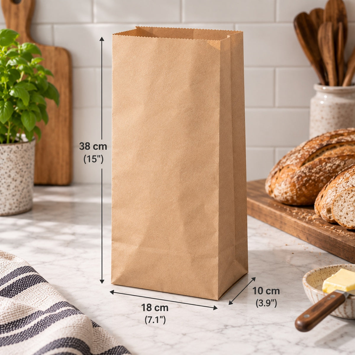 A brown paper bag standing on a marble countertop in a kitchen setting, with measurement arrows and labels showing its dimensions: 38 cm tall, 18 cm wide, and 10 cm deep.