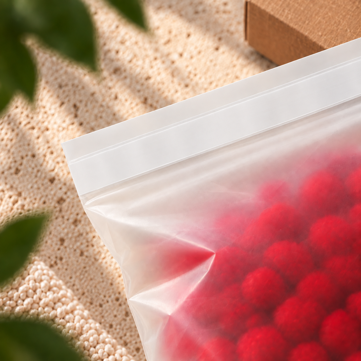 A compostable poly bag filled with bright red pom-poms, photographed close up on a textured beige surface with soft leaf shadows and a brown box edge in the background.