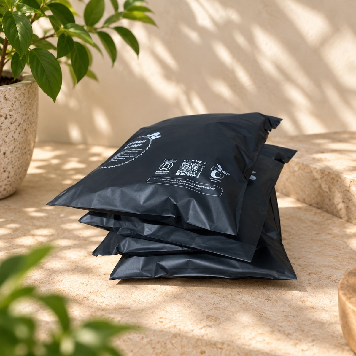 A stack of matte black compostable mailers or product packaging envelopes with white printed text and QR codes, placed on a beige stone surface outdoors with dappled sunlight, a potted plant, and a textured wall in the background.