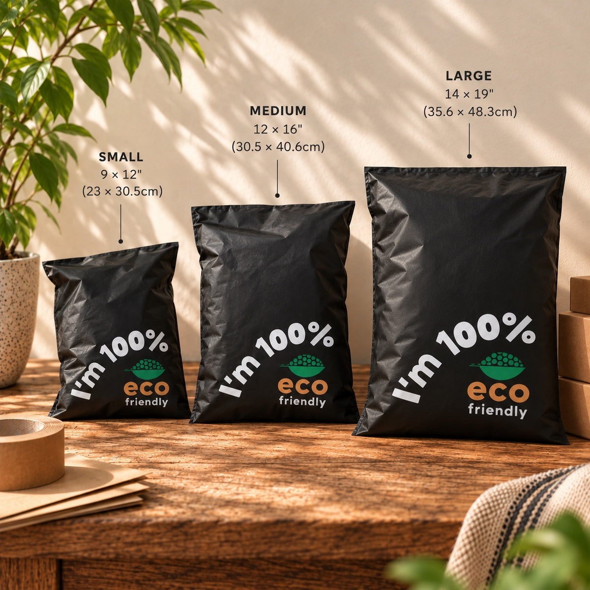 Three black eco-friendly mailers bags in small, medium, and large sizes displayed on a wooden table with size labels and arrows pointing to each bag.