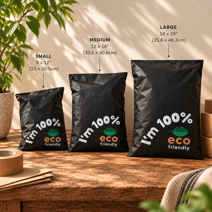Three black eco-friendly mailers bags in small, medium, and large sizes displayed on a wooden table with size labels and arrows pointing to each bag.