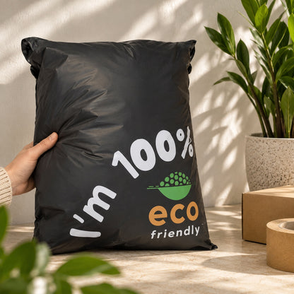 A hand holds a black compostable mailer bag printed with the text 'I'm 100% eco friendly' and a green leaf logo. The scene is styled with a potted plant and cardboard boxes in warm, natural sunlight.