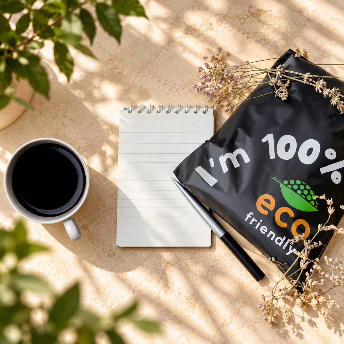 A styled flat-lay featuring a black eco-friendly mailer with the text 'I'm 100% eco friendly' and a green leaf logo, arranged on a beige stone surface with a white mug of black coffee, a lined notepad, a pen, and dried flowers.