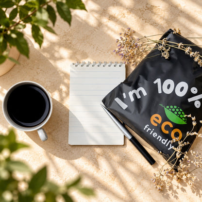 A styled flat-lay featuring a black eco-friendly mailer with the text 'I'm 100% eco friendly' and a green leaf logo, arranged on a beige stone surface with a white mug of black coffee, a lined notepad, a pen, and dried flowers.