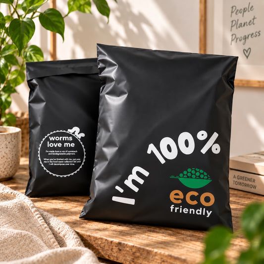 Two black compostable bags displayed on a wooden table with a cozy background. The front bag is black with white text reading 'I'm 100% eco friendly' and a green worm graphic.