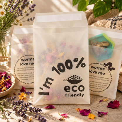 Three white paper glassine envelope pouches with black text reading 'I'm 100% eco friendly' and circular 'worms love me' branding, styled with dried flowers and leaves on a tabletop.