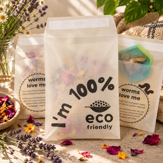 Three white paper glassine envelope pouches with black text reading 'I'm 100% eco friendly' and circular 'worms love me' branding, styled with dried flowers and leaves on a tabletop.