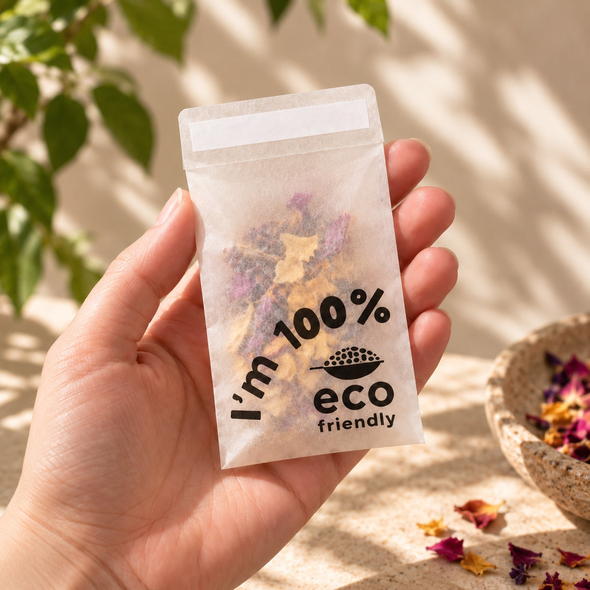A hand holds a small translucent glassine envelope labeled 'I'm 100% eco friendly' containing dried flower petals, with a sunlit outdoor background and a bowl of loose petals nearby.