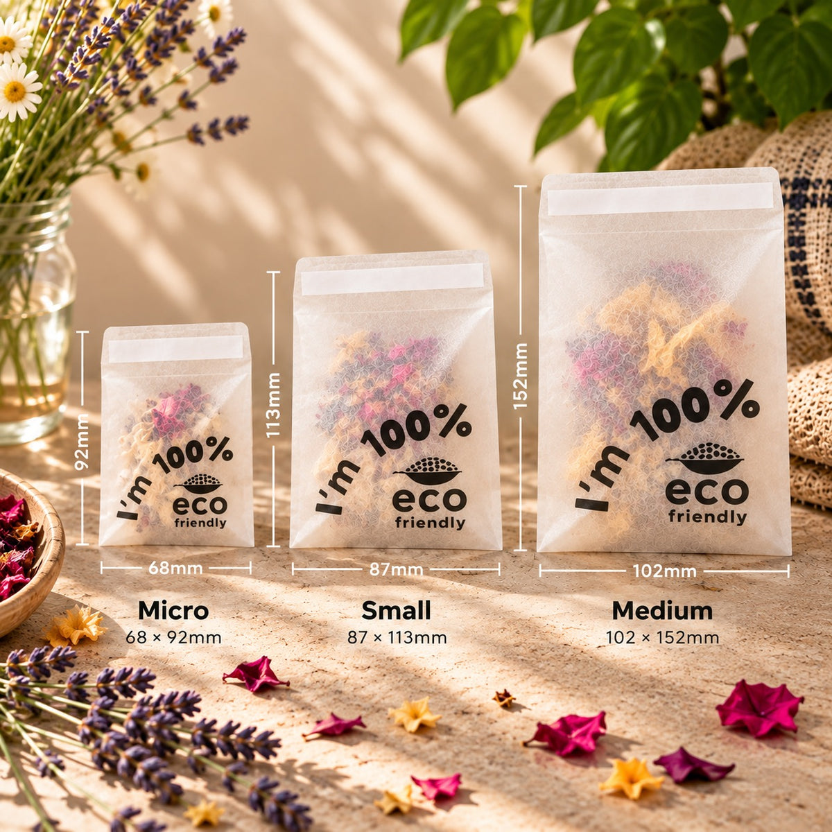 Three translucent glassine bags labeled 'i'm 100% eco friendly' shown in micro, small, and medium sizes on a sandy surface with dried flowers and greenery around them. Measurement labels and dimensions are printed on the image for each size.