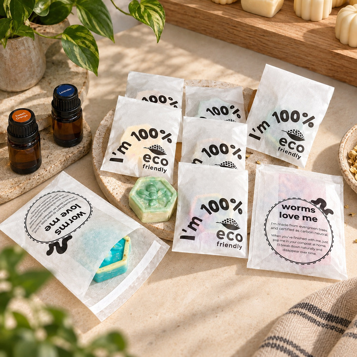 Several small white eco-friendly product pouches labeled 'I'm 100% eco friendly' and 'worms love me' are arranged on a beige stone surface with plants, amber bottles, and a green hexagonal bar of soap visible through one pouch.