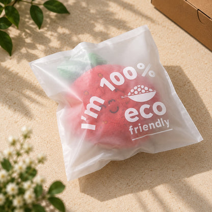 A translucent compostable poly bag with printed white text reading 'I'm 100% eco friendly' and a small bowl graphic, containing a red strawberry-shaped item, placed on a beige surface with soft plant shadows.