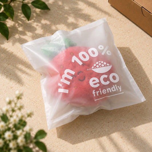 A translucent compostable poly bag with printed white text reading 'I'm 100% eco friendly' and a small bowl graphic, containing a red strawberry-shaped item, placed on a beige surface with soft plant shadows.