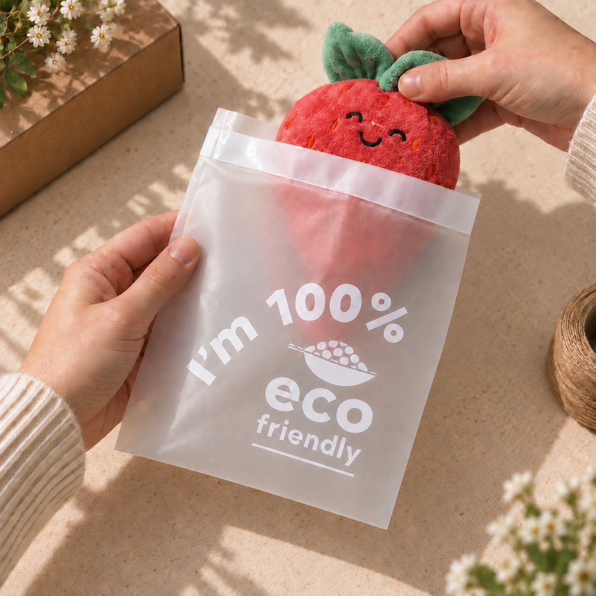A translucent compostable poly bag printed with 'I'm 100% eco friendly' in white text, held by hands with a red strawberry plush toy peeking out from inside, set on a warm beige stone surface with small white flowers and a kraft box in the background.