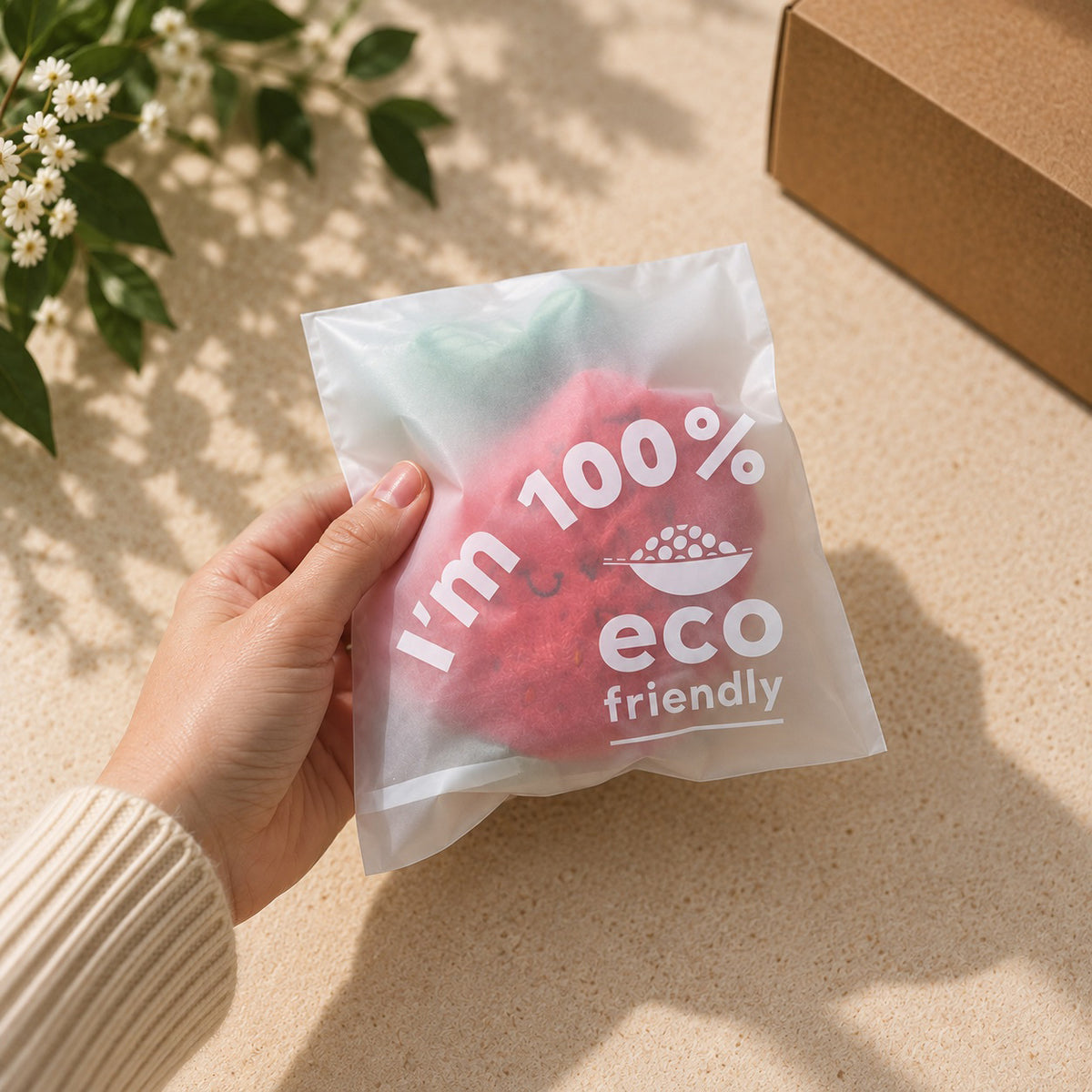 A hand holds a translucent compostable poly bag with the text 'I'm 100% eco friendly' over a red strawberry-shaped item. The scene is styled with a cardboard box and white flowers on a beige surface in warm sunlight.