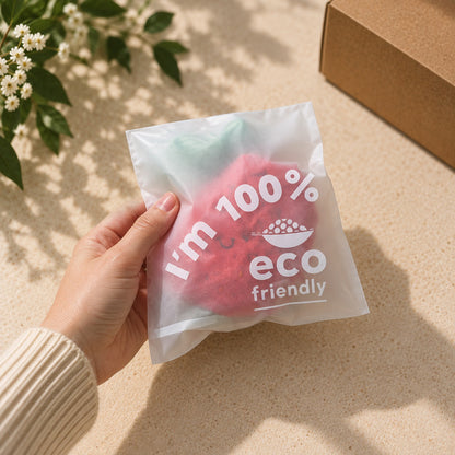 A hand holds a translucent compostable poly bag with the text 'I'm 100% eco friendly' over a red strawberry-shaped item. The scene is styled with a cardboard box and white flowers on a beige surface in warm sunlight.