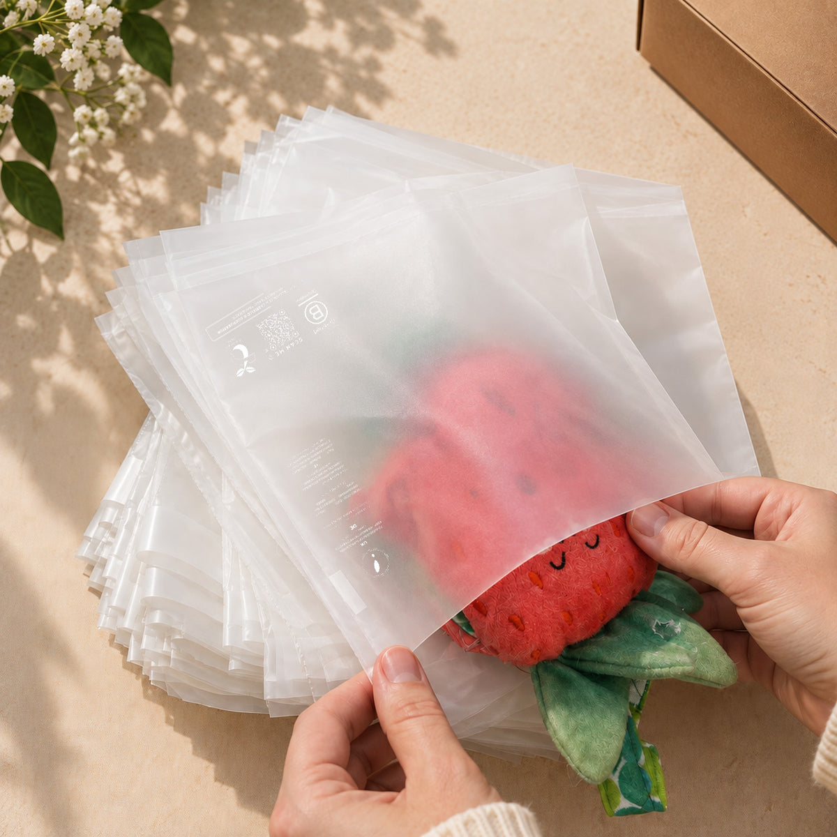 A stack of translucent compostable poly bags being held open by two hands, with a small red strawberry plush toy visible inside one bag. The scene is styled on a beige surface with soft natural shadows and a small box in the background.