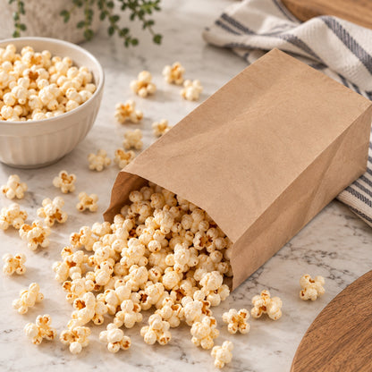 A brown paper grab bag tipped over on a marble surface, spilling popcorn kernels. A small white bowl filled with popcorn sits to the left, with scattered popcorn around and a striped cloth and wooden board in the background.