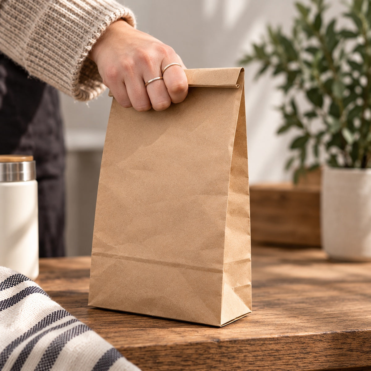 A brown kraft paper grab bag standing on a wooden table, with a person's hand holding the top handle. A white bottle, a striped cloth, and a potted plant are visible in a softly lit indoor setting.