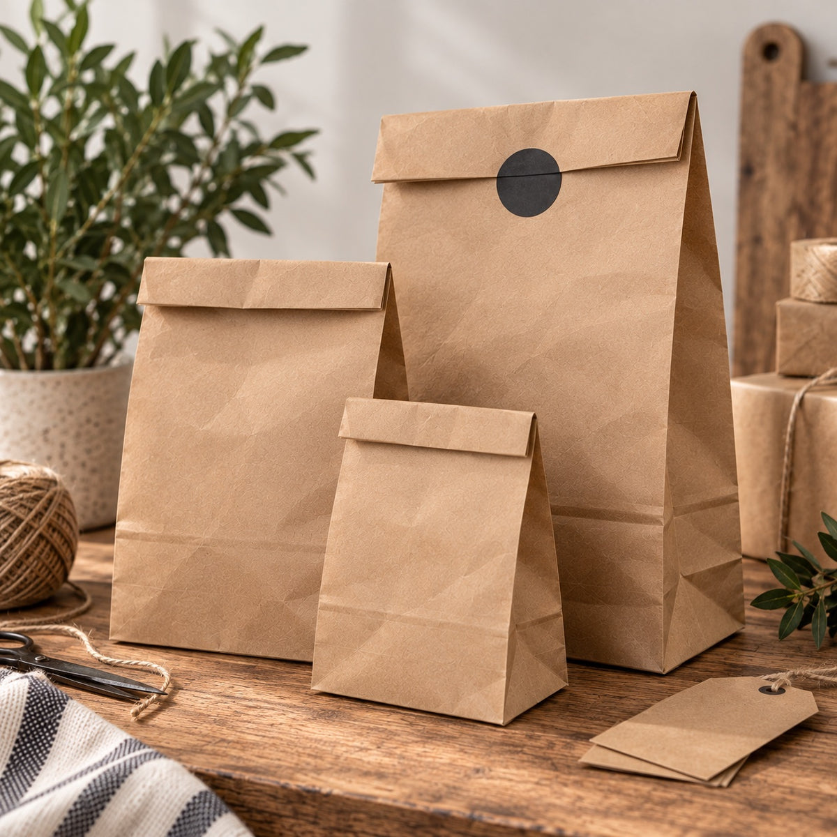 Three brown kraft paper gift bags of different sizes arranged on a wooden table, with a small black circular seal on the largest bag. A tag, twine, scissors, and potted plants are visible in a styled setting.