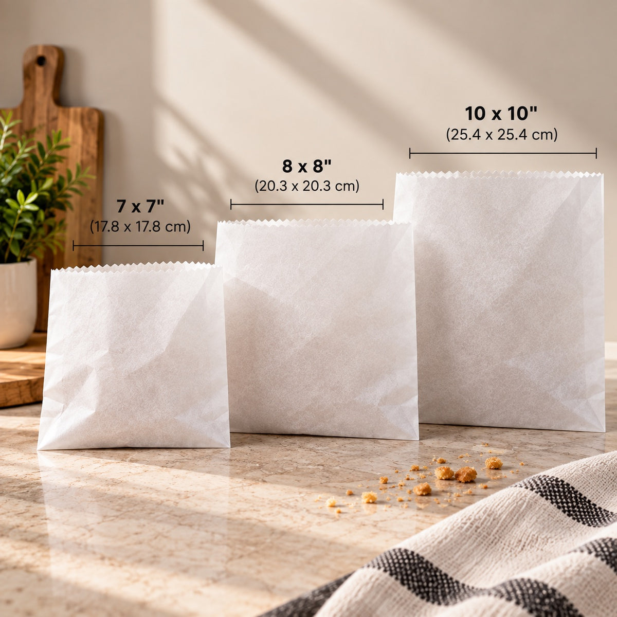 Three white greaseproof paper bags of different sizes on a marble countertop with size measurement overlays: 7 x 7 inches, 8 x 8 inches, and 10 x 10 inches.