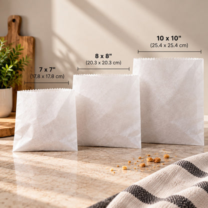 Three white greaseproof paper bags of different sizes on a marble countertop with size measurement overlays: 7 x 7 inches, 8 x 8 inches, and 10 x 10 inches.