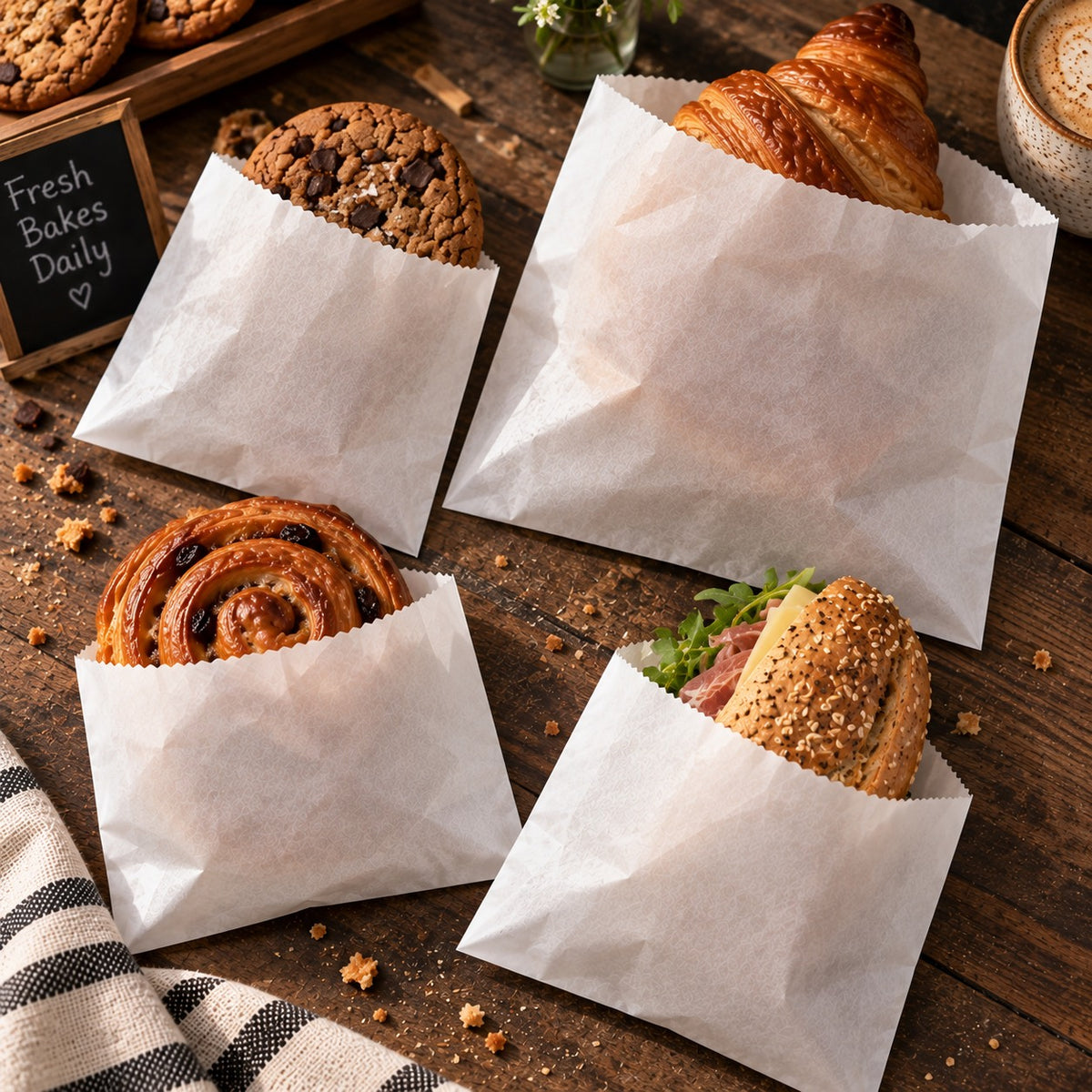 our white greaseproof paper bags arranged on a rustic wooden table, each holding a different baked good: a croissant, a cinnamon roll, a sandwich with greens and meat, and a chocolate chip cookie. A small chalkboard sign reads "Fresh Bakes Daily.