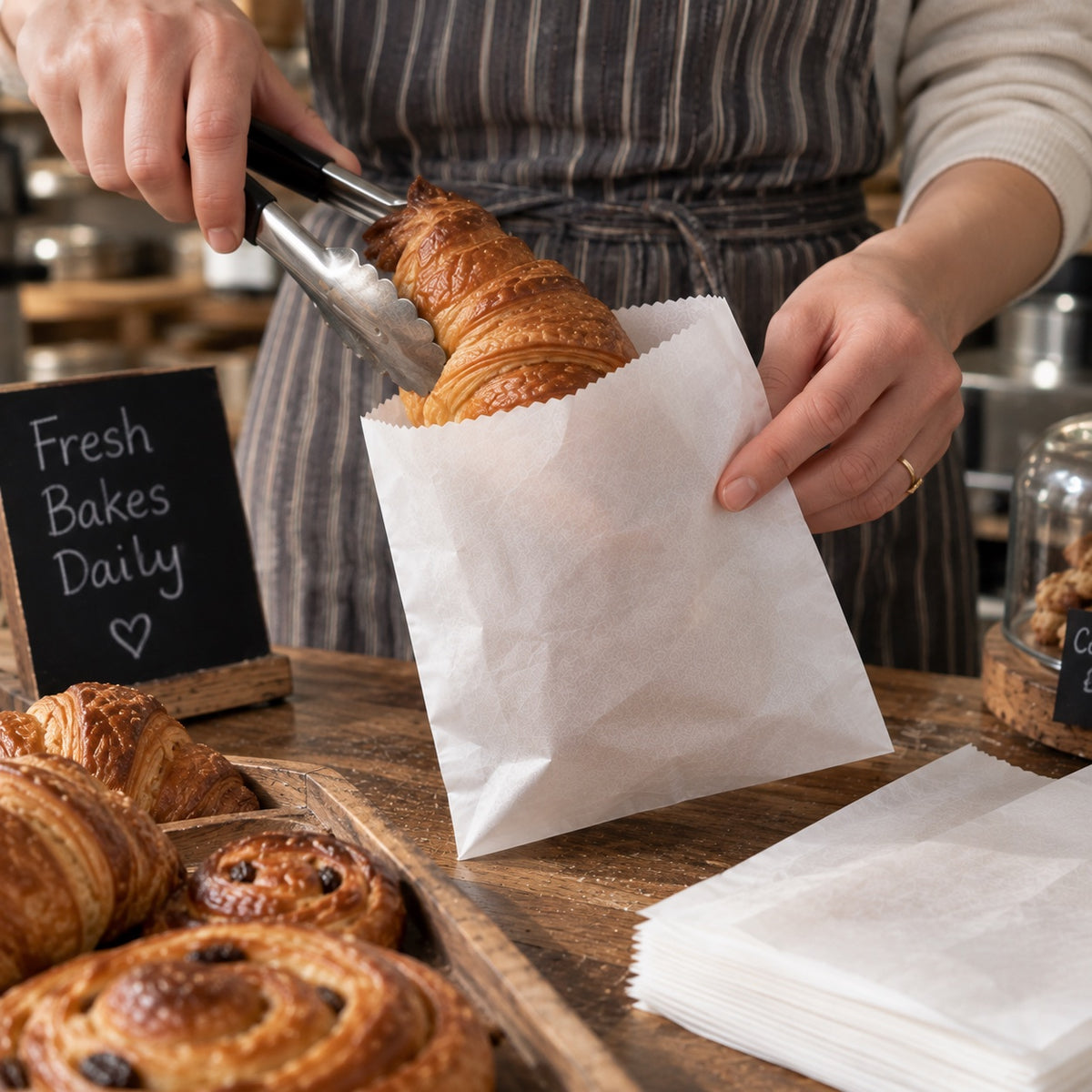 A person in a gray striped apron uses metal tongs to place a golden croissant into a white paper bag on a wooden bakery counter. Other pastries, a small chalkboard sign reading 'Fresh Bakes Daily,' and stacks of paper bags are visible in a warm, real bakery setting.