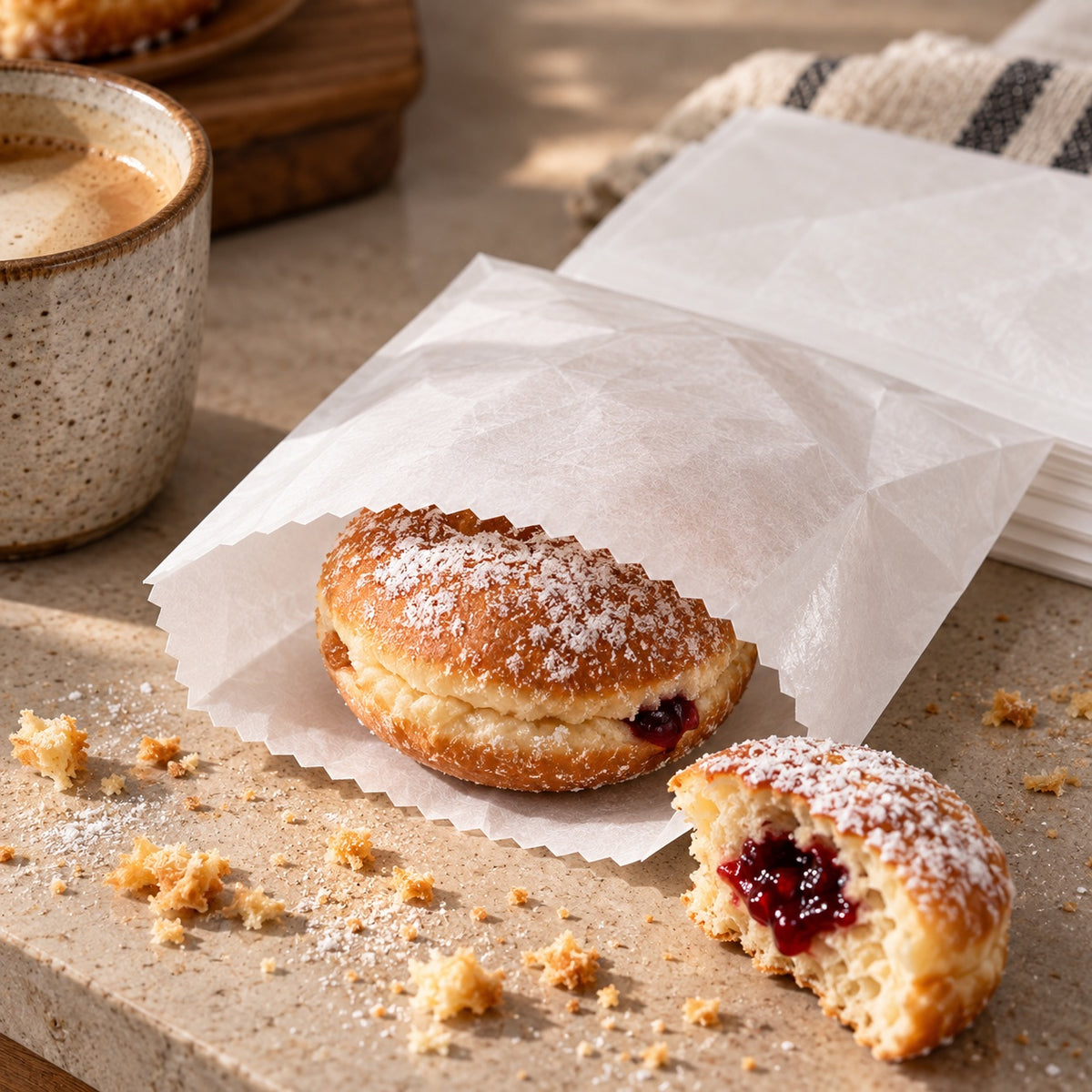 Two golden-brown filled pastries on parchment paper, one whole and one broken open to show a red berry filling, on a stone surface with crumbs, a cup of coffee, and a striped cloth in the background.