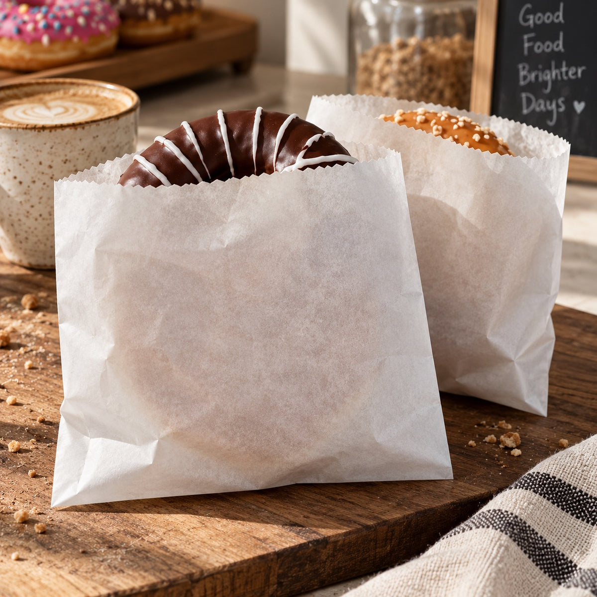 Two white greaseproof paper donut bags containing glazed and caramel-topped donuts, set on a rustic wooden table with a coffee cup and bakery background.