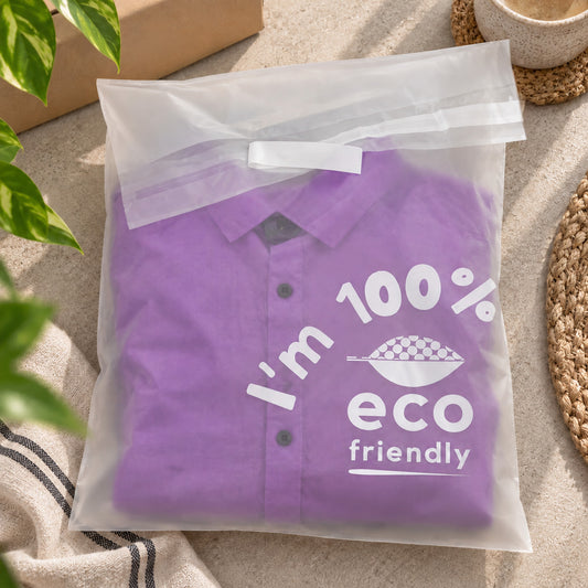 A purple button-up shirt inside a translucent plastic zip bag with a white printed graphic that reads 'I'm 100% eco friendly'. The bag is shown in a styled flat-lay setting on a textured beige surface with decorative props.