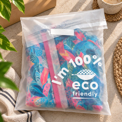 A compostable poly bag with a white printed 'I'm 100% eco friendly' graphic, containing a colourful tropical leaf-patterned item, photographed on a sunlit beige surface with plant leaves and woven props around it.