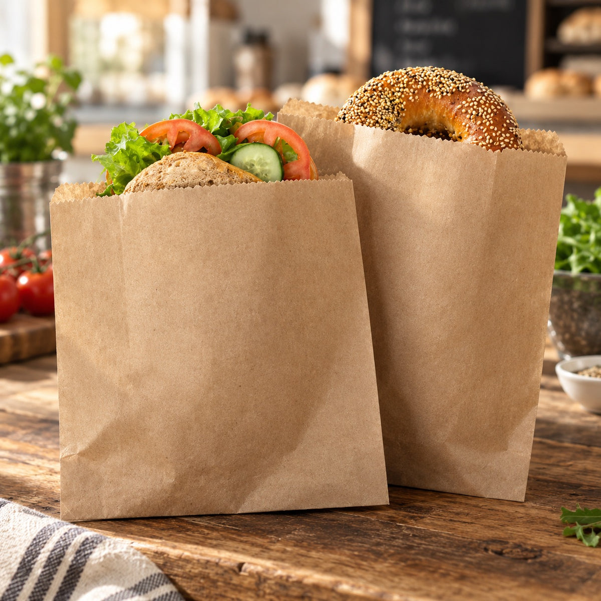 Two brown kraft paper bags filled with food, including a bagel topped with sesame seeds, a sandwich with lettuce and tomato, and a cucumber slice, set on a rustic wooden table in a kitchen setting.