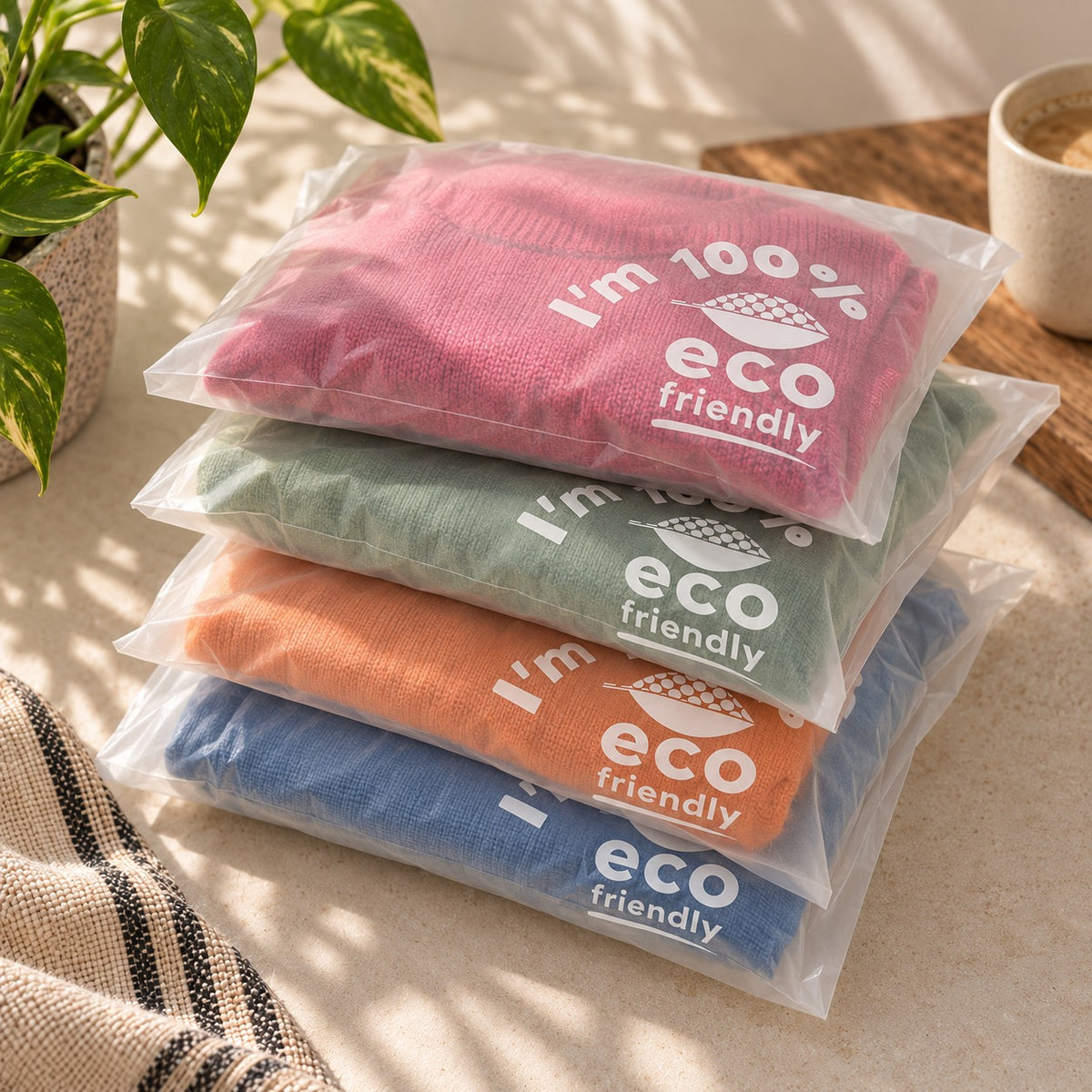 Four compostable poly bags stacked on a tabletop, each wrapped in a clear plastic sleeve and printed with the white text 'I'm 100% eco friendly.' The bags are protecting different coloured jumpers: pink, sage green, orange, and blue.