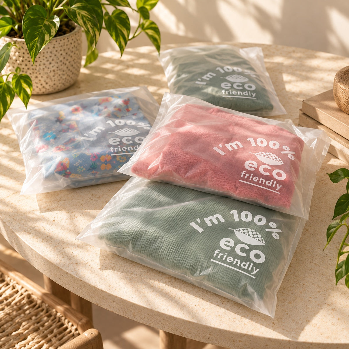 Three folded garments in clear compostable poly bags printed with 'I'm 100% eco friendly' are arranged on a sunlit stone table with potted plants nearby.