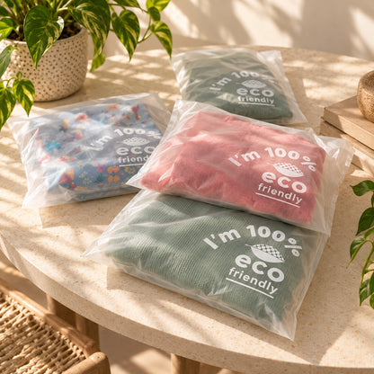 Three folded garments in clear compostable poly bags printed with 'I'm 100% eco friendly' are arranged on a sunlit stone table with potted plants nearby.