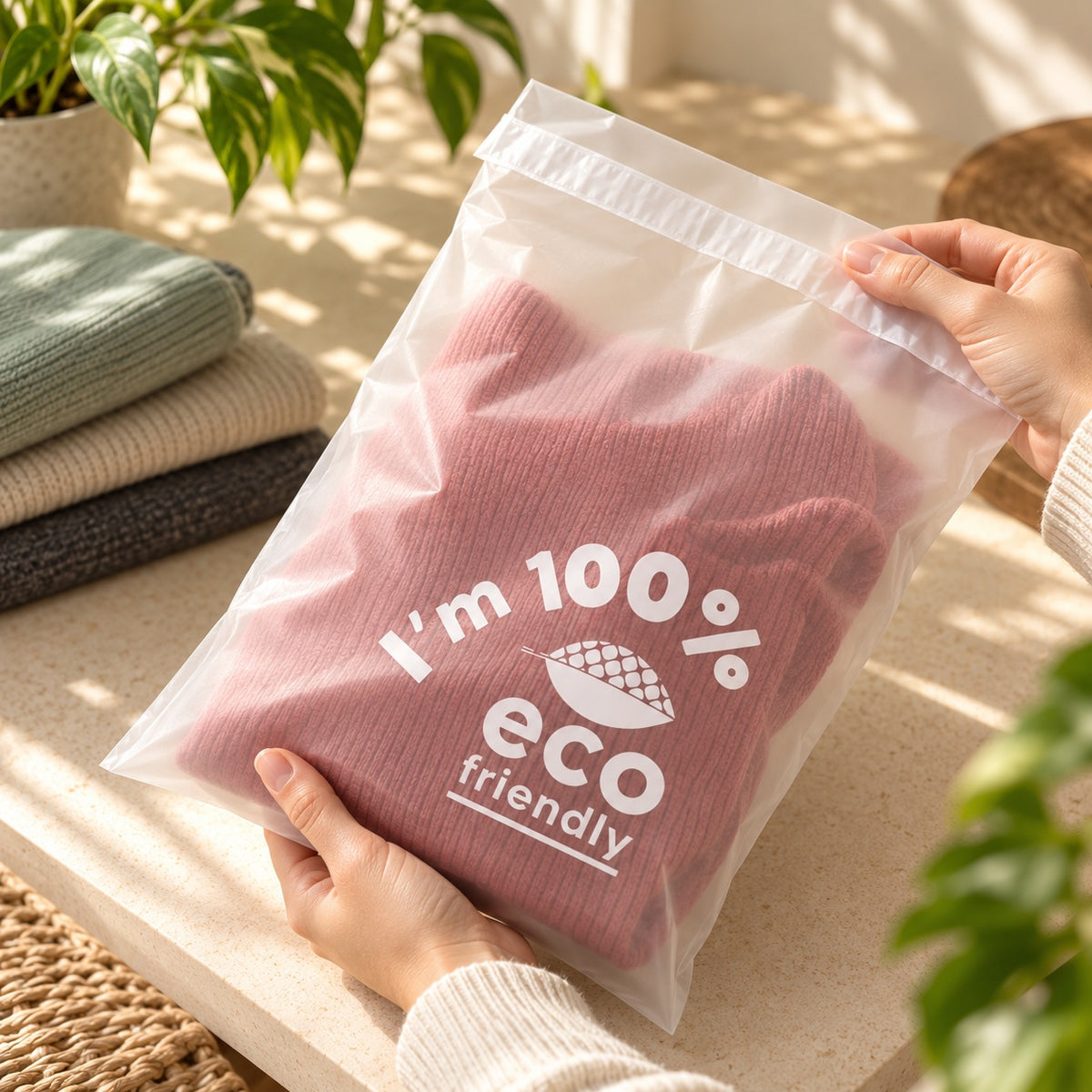 A person holding a medium compostable poly bag with a jumper inside
