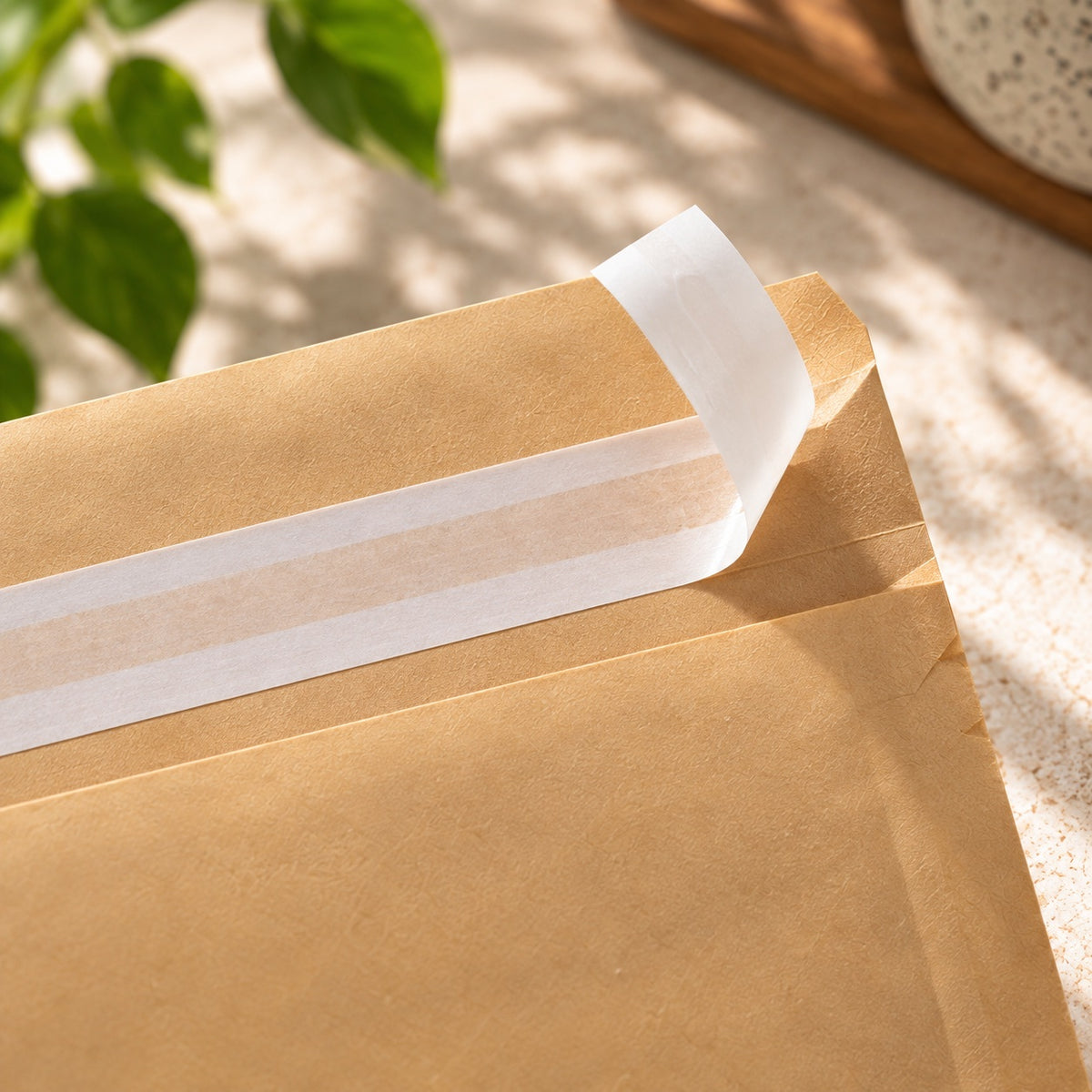 A close-up of a kraft brown  padded paper envelope with a white translucent flap seal, photographed on a light textured surface with soft leaf shadows and a plant in the background.