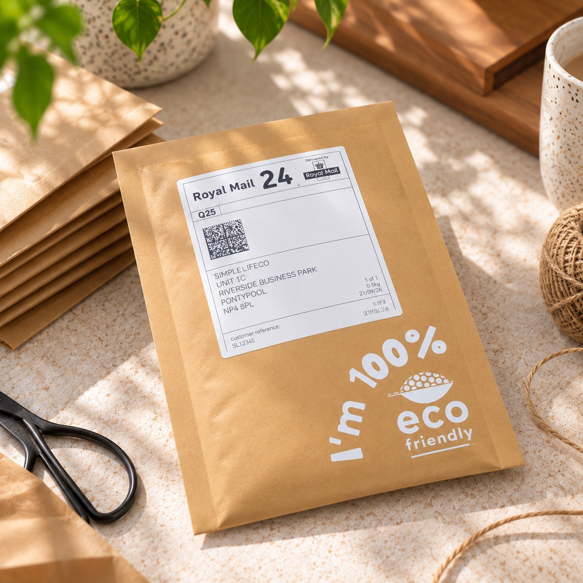 A kraft padded paper mailer envelope with a white shipping label reading Royal Mail 24 and a large 'I'm 100% eco friendly' print on the front, styled on a tabletop with scissors, paper bags, twine, and a mug.