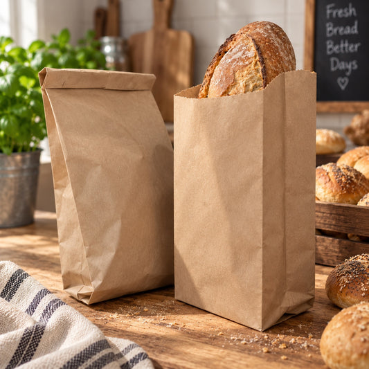 Two brown kraft paper bag packaging bags holding loaves of rustic bread on a wooden table in a bakery setting.