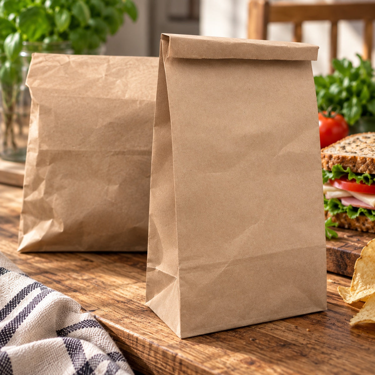 Two plain brown kraft paper bag packaging stands on a rustic wooden table, with a sandwich, chips, and greenery in the background.