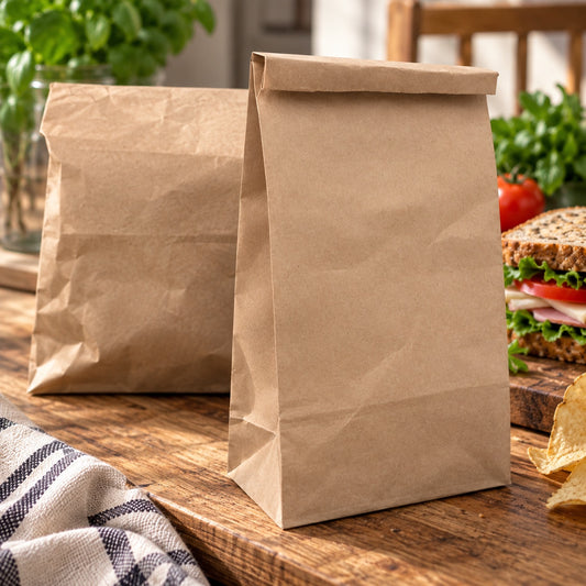 Two plain brown kraft paper bag packaging stands on a rustic wooden table, with a sandwich, chips, and greenery in the background.