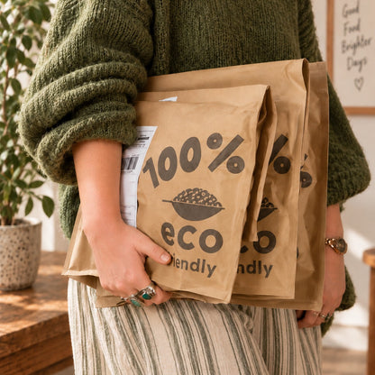 A person in a chunky green sweater holds several brown paper mailing bags printed with '100% eco friendly' in a warm indoor setting.