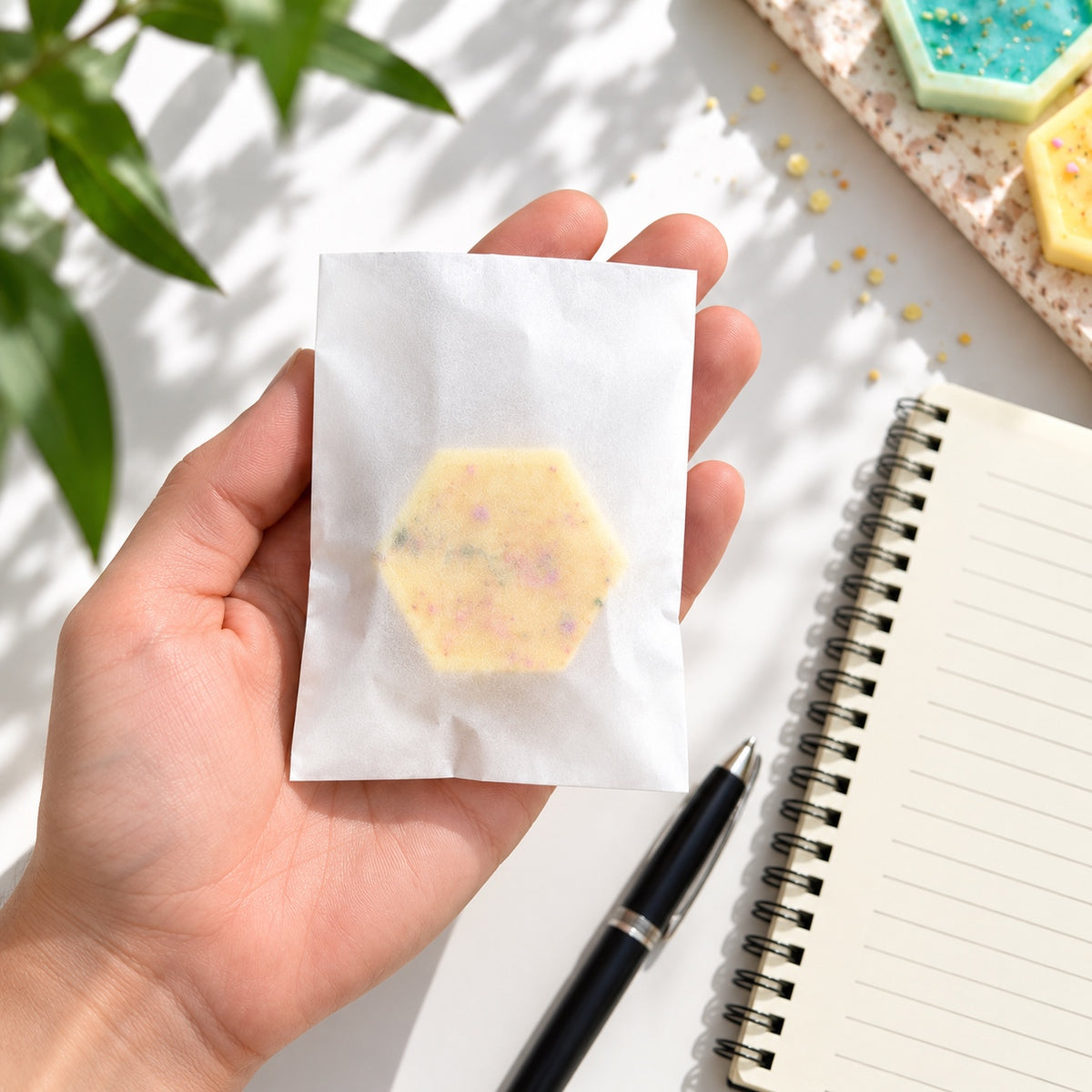 A hand holds a small white glassine bag containing a hexagonal yellow bath bomb or soap piece, photographed on a bright white surface with a pen and notebook nearby.